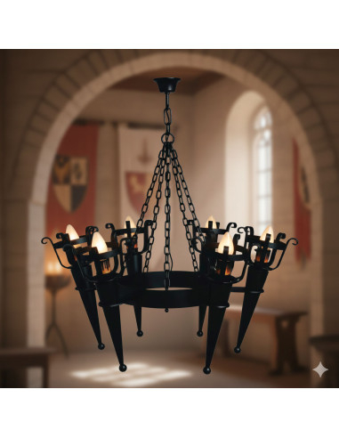 Lampada da Forgia con bracci di Torcia Medievale, 6 Luci