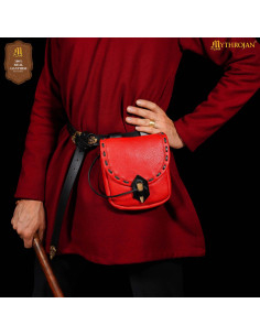 Borsa medievale in pelle con chiusura in osso, colore rosso