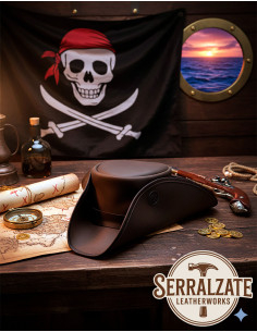 Cappello da pirata a tricorno in pelle, marrone scuro
