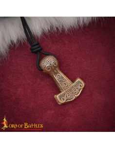 Ciondolo vichingo Mjölnir in bronzo fuso, cordino in pelle