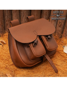 Borsa medievale in cuoio marrone con tasche, per cinture