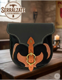 Borsa medievale in pelle nera con applicazioni marroni...