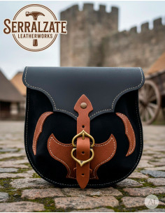 Borsa medievale in pelle nera con applicazioni marroni... 2