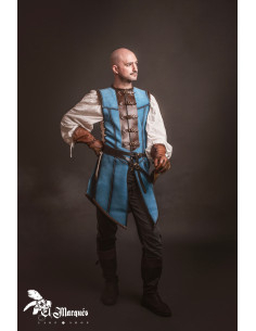 Cotta medievale lunga da uomo, pelle scamosciata blu