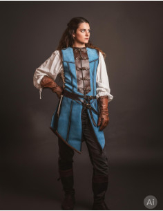 Cappa medievale lunga da donna, pelle scamosciata blu