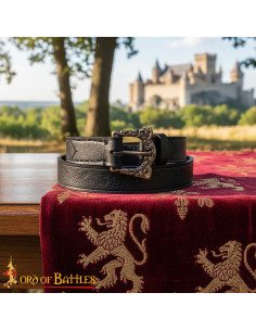 Cintura vichinga in pelle nera con rilievo, fibbia in... 2