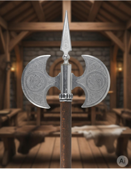 Ascia rustica doppia lama incisa, 61 cm.