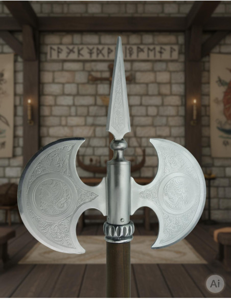 Ascia rustica doppia lama incisa, 61 cm.