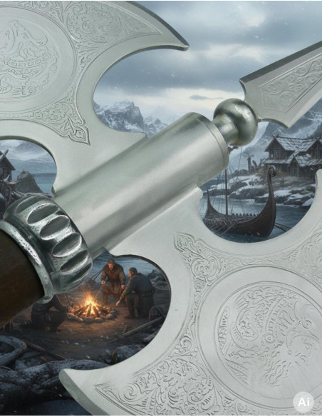 Ascia rustica doppia lama incisa, 61 cm.