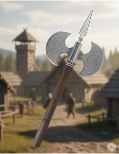 Ascia rustica doppia lama incisa, 61 cm.