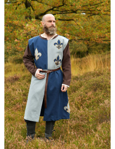 Tabardo medievale da cavaliere con design Fleurs de Lis, blu