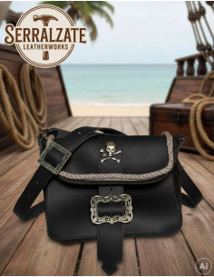 Borsa da pirata in pelle con teschio e fibbie, nera