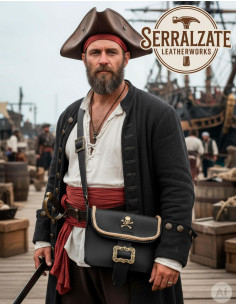 Borsa da pirata in pelle con teschio e fibbie, nera 2