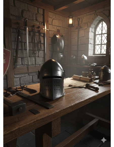 Casco da cavaliere nero con visiera...