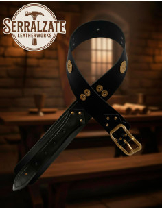 Cintura medieval larga in pelle nera, fibbia dorata 2