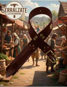 Cintura larga medieval in pelle marrone scuro, fibbia dorata