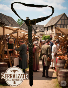 Cintura vichinga in pelle con squame e fibbia nordica, nera