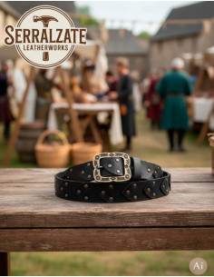 Cintura vichinga in pelle con squame e fibbia nordica, nera 2