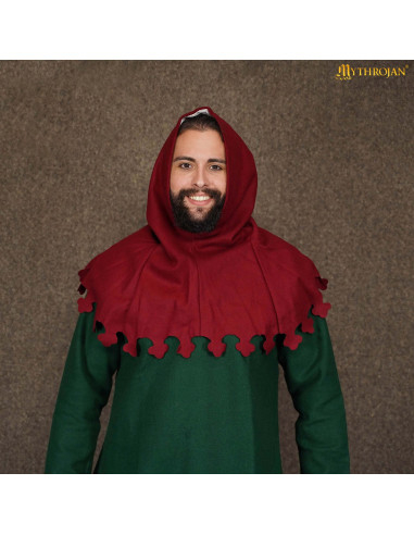 Gugel medieval in lana modello Liripipe, colore rosso