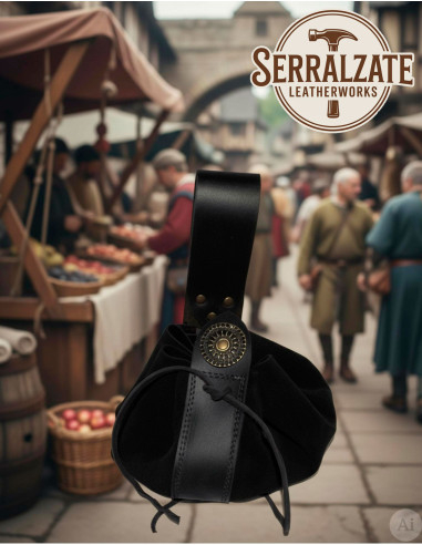 Portafoglio medievale in pelle per cintura, nero