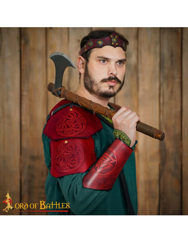 Spalliera medievale in cuoio con design a nodi celtici, colore bordeaux