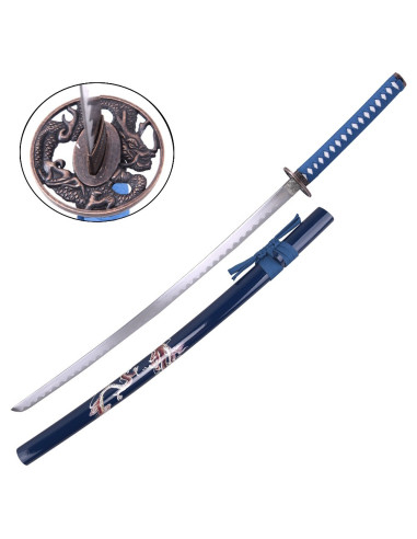 Katana ornamentale con lama in acciaio, fodero blu dragone