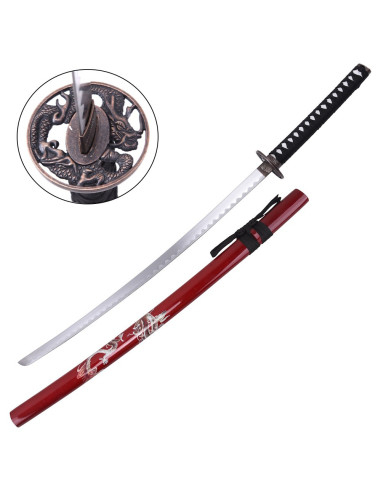 Katana ornamentale in acciaio, fodero rosso con drago