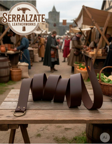 Autentico cinturone medievale in pelle con anello, marrone