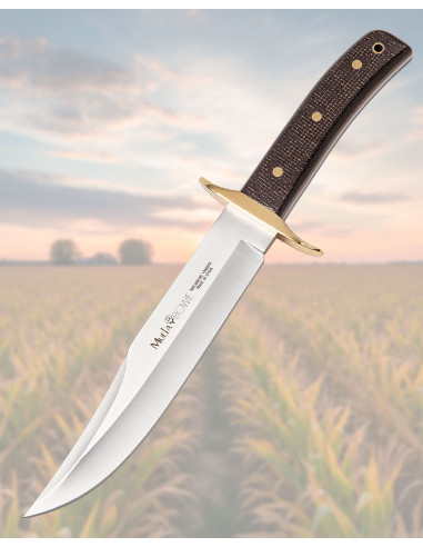 Cuchillo Muela manici micarta juta marrone-mustard e guardia in ottone