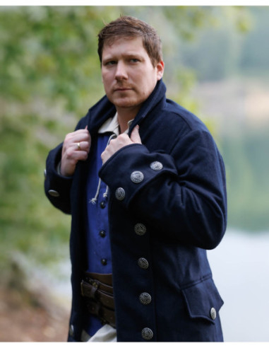 Cappotto da pirata in lana modello Capitano Chad Bucanero, colore blu scuro