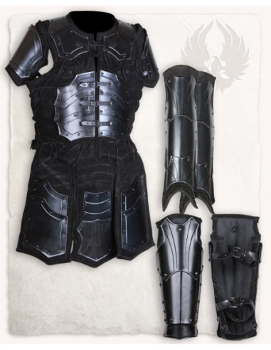 Armatura medievale modello Fafnir in cuoio e acciaio, finitura nera