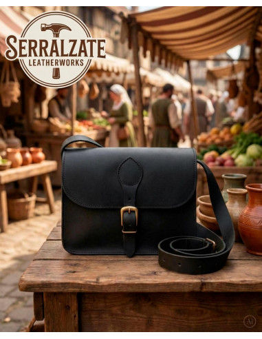 Borsa robusta in pelle medievale per ricreatori, nera