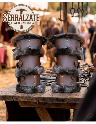 Bracciali vichinghi in pelle marrone scuro con pelliccia sintetica
