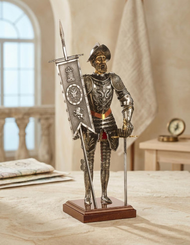 Miniatura Conquistatore con spada e stendardo, 42 cm.