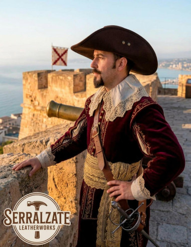 Cappello marrone in pelle artigianale del XVII secolo, modello Capitano dei Tercios