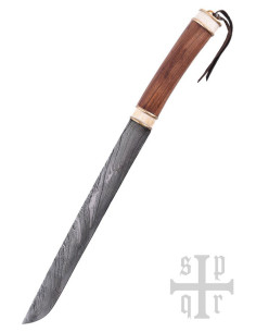 Coltello vichingo Seax in damasco, manico in noce e osso