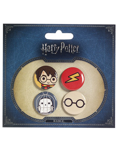 Set di 4 distintivi, Harry, Edvige, occhiali e marchio