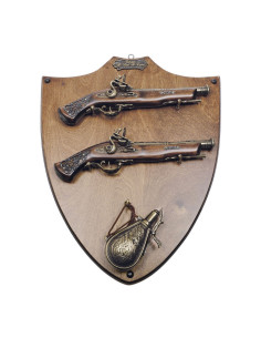 Panoplia in legno con pistole e polvere da sparo