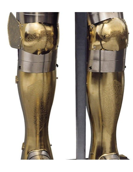 Armatura naturale in argento e oro con incisioni, abito granato e spada nelle sue mani