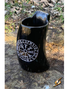 Vaso in corno vichingo modello Vegvisir, finitura scura