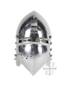 Funzionale bacinella medievale in acciaio con visiera...