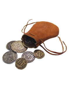 Borsa in pelle con 8 monete spagnole