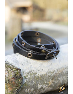 Bracciale multicinghia in pelle nera, 125 cm.