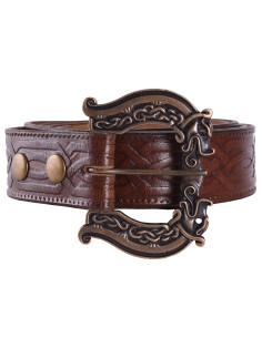 Cintura celtica lunga in pelle con lupi, 170 cm.