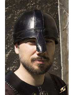 Casco spangenhelm medievale in pelle nera per LARP