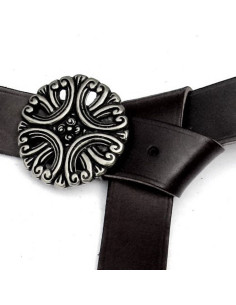 Cintura lunga medievale in pelle con fibbia floreale