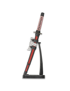 Katana in miniatura fodero rosso-nero con supporto...