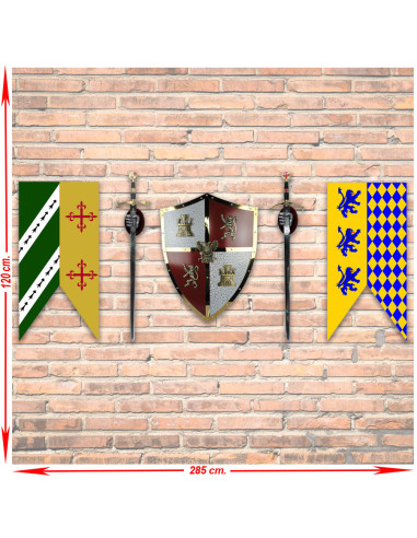 Panoplia medievale di Castilla y León con spade, stendardi e scudo
