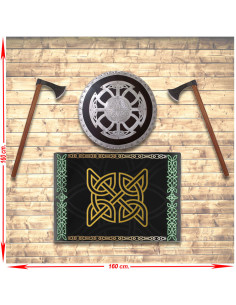 Panoplia vichinga con scudo, asce e stendardo