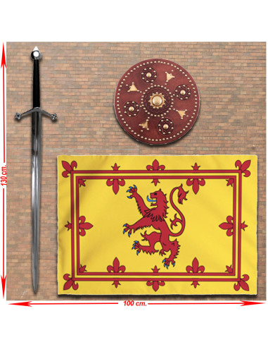 Panoplia del Re di Scozia con spadone, scudo e stendardo